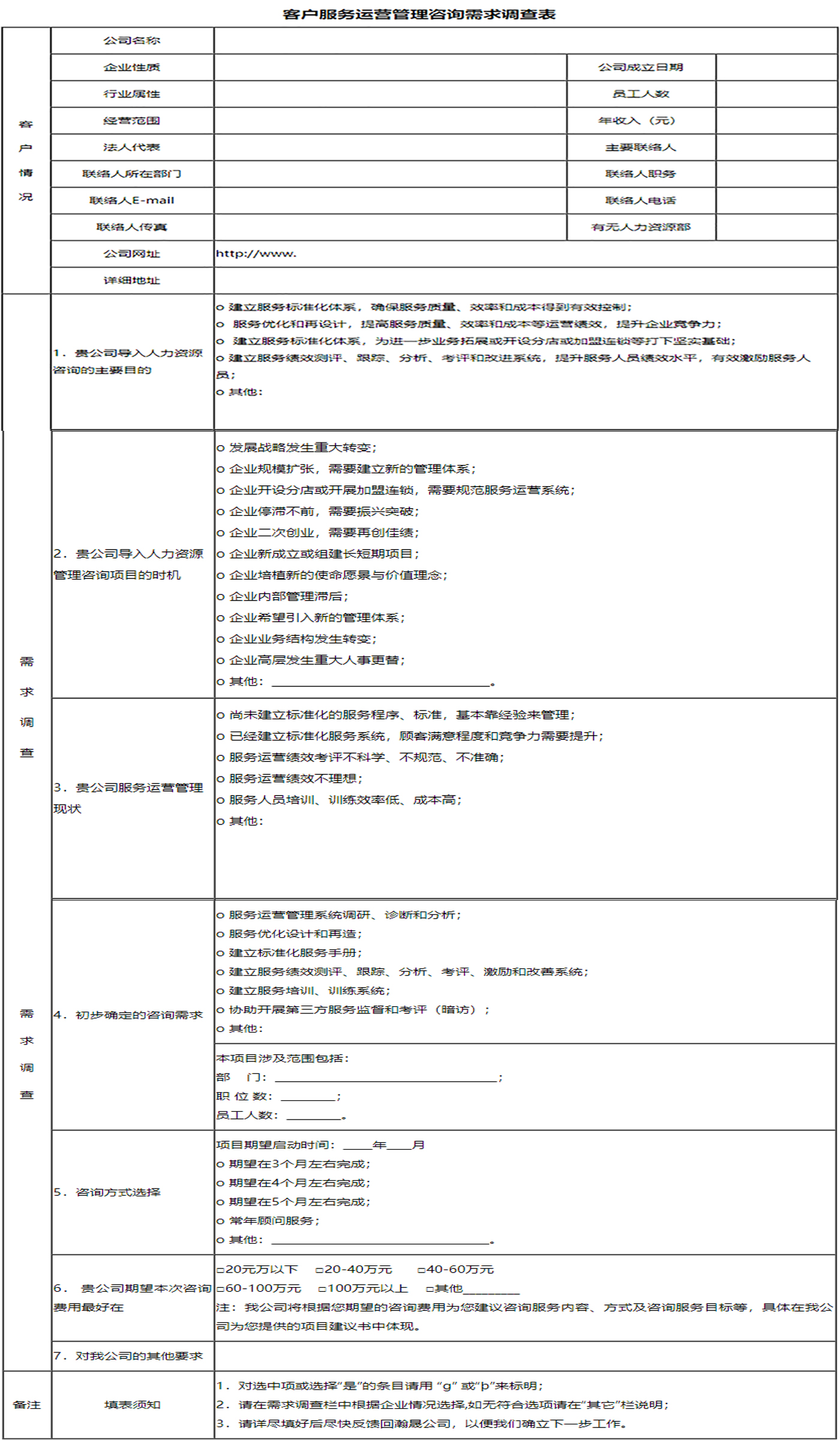 客户服务运营管理咨询需求调查表